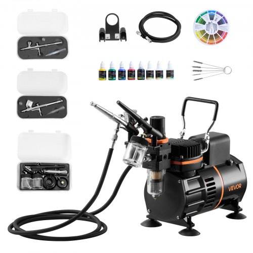 VEVOR Airbrush Set 1/6 PS mit Luftkompressor, 3 Dual Action Airbrush Pistolen mit 3 Düsen (0,3/0,3/0,8 mm) & Schlauch & Acrylfarbe & 2 Ventilatoren