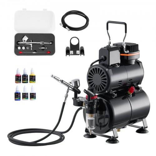 VEVOR Airbrush Set 1/6 PS mit Luftkompressor & Tank, 1 Dual Action Airbrush Pistole mit 3 Düsen (0,2/0,3/0,5 mm) & Schlauch & Acrylfarbe &
