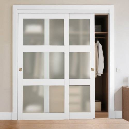 VEVOR Schiebetür 1829 mm x 2032 mm (passende _ffnungsgrö_e), Bypass-Schiebetüren aus Milchglas mit Hardware-Kit, Massivholz & MDF-Platte mit wasser