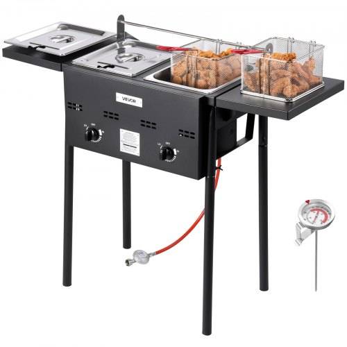 VEVOR Propan-Fritteuse Outdoor gewerbliche Fritteuse mit 2 Tanks (9 L x 2), Edelstahl-Kocher mit faltbarer Plattform & Doppelkorb