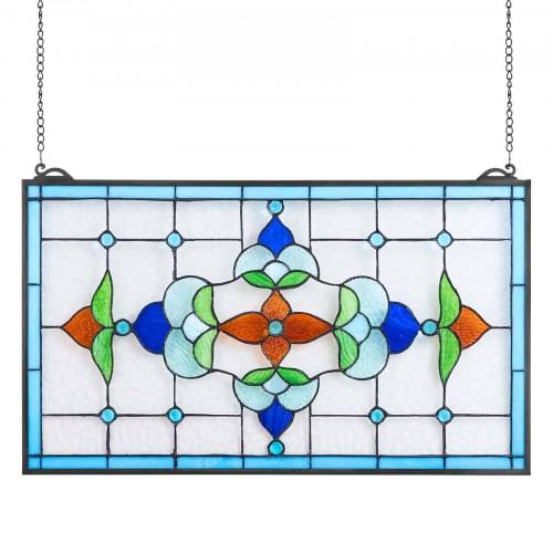 VEVOR Buntglasfensterpaneel (664 x 402 mm) hängendes Buntglas mit Kette, Buntglas im Tiffany-Stil zum Aufhängen, traditionelles rechteckiges Vintage