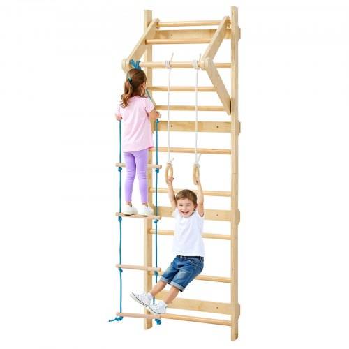 VEVOR schwedische Leiterwand 4 in 1 8-stufiges Kletterspielzeug aus Massivholz 100 kg belastbares Indoor-Klettergerüst mit Turnringen Klimmzugstange