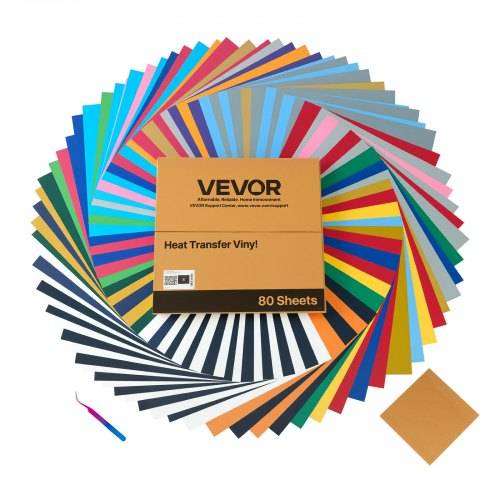 VEVOR Vinylfolie Wärmeübertragung Transferfolie (304,8 x 304,8 mm) 80 Blätter, verschiedene Farben, Plotterfolie kompatibel mit Schneidemaschinen