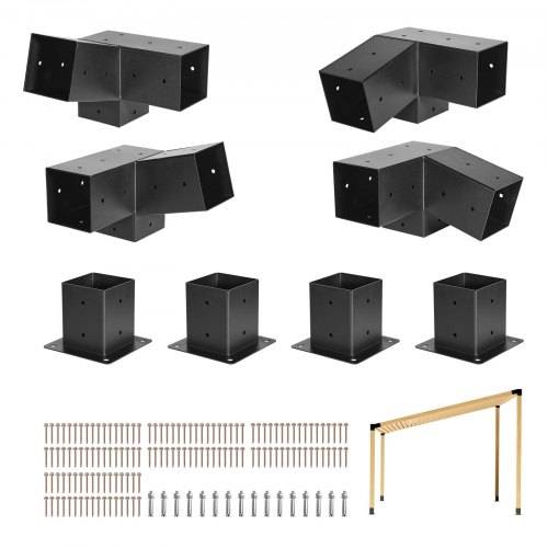 VEVOR Pfosttenverbinder, 3-Wege-Schräghalterung für 92 x 92 mm, Pergola-Halterung aus Karbonstahl mit Schrauben & Pfostensockeln, für Holzpergolen