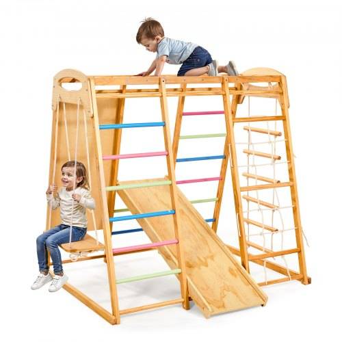 VEVOR Indoor Spielplatz Klettergerüst (7 in 1) aus Holz, 113 kg belastbares Montessori-Kletterspielzeug-Set mit Schaukel/Klettergerüst/Rutsche/Holzl