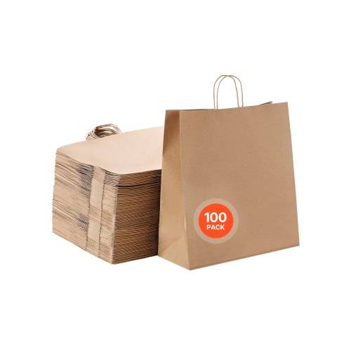 VEVOR Kraftpapiertüten, 100er-Pack, Geschenktüten mit Henkel, 457x178x483 mm, gro_e Einkaufstüten, Papiertragetaschen, Krafttaschen, für Geburtsta