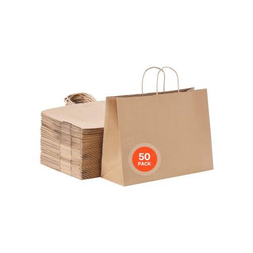 VEVOR Kraftpapiertüten, 50er-Pack, Geschenktüten mit Henkel, 406x152x308 mm, gro_e Einkaufstüten, Papiertragetaschen, Krafttaschen für Geburtstage