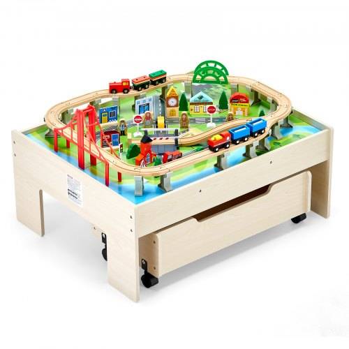 VEVOR Holz Aktivitätstisch, 100-teilig, Eisenbahntisch mit rollender Schublade, 3-in-1-Holzeisenbahn-Set zum Spielen, Malen, Lesen, Essen, kreatives