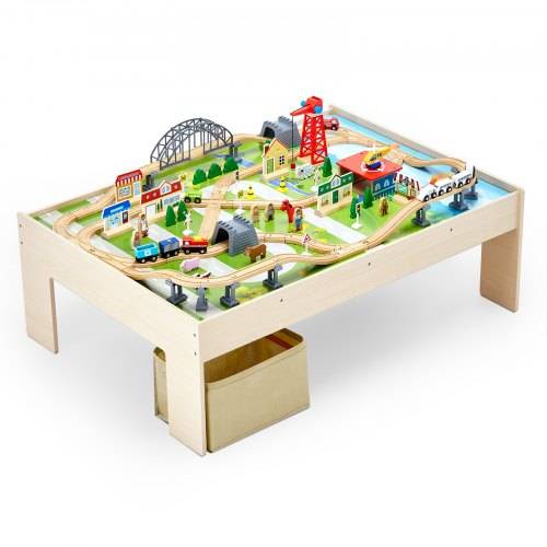 VEVOR Holz Aktivitätstisch, 120-teilig, mit zusammenklappbarem Aufbewahrungsbehälter, 3-in-1-Eisenbahn-Set zum Spielen, Malen, Lesen, Essen, kreativ