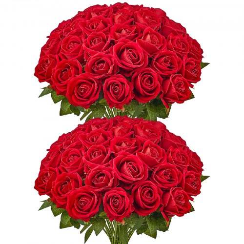 VEVOR Künstliche Blumen Rosen, 60 Stück Kunstblumen, Rote Gefälschte Rose mit Stielen, Schaumrosen für DIY Hochzeit Blumensträu_e Braut Valentins