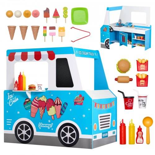 VEVOR Eiswagen für Kinder, über 20 Zubehörteile, Eisdiele aus Holz mit Lenkrad und Tafel, Zahlungsscanner und Gefrierschrank, Wasserhahn und Spüle