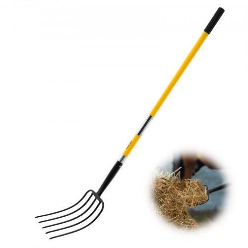 VEVOR Dunggabel 1450 mm, 5-Zinken-Heugabel mit Fiberglasstiel, Mistgabel, Mistforke, Gartenforke, Spatengabel aus geschmiedetem Stahl für Heu