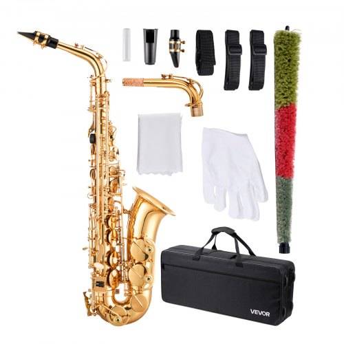 VEVOR Altsaxophon, E-Dur, Messingsaxophon-Anfängerset mit Tragetasche, Mundstück, Gurten, Reinigungstuch, Handschuhen, Fett, Umhängeband, 23 Tasten