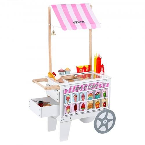 VEVOR Eiswagen für Kinder, 20+ Zubehörteile, Eisdielen-Spielzeugküche mit Eistüte, Markise & Gefrierschrank, Aufbewahrungsschubladen & umblätterb
