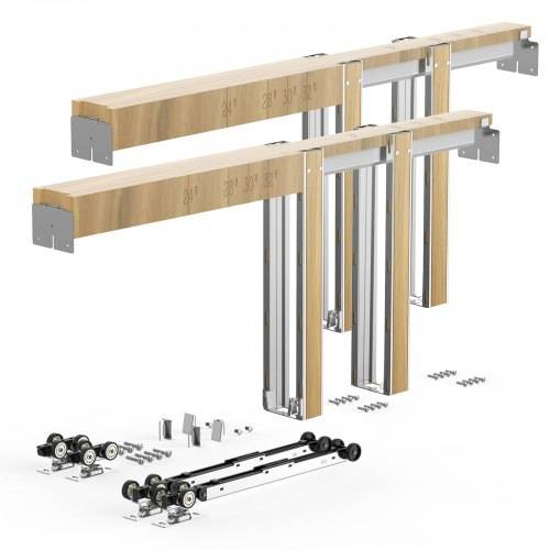 VEVOR Schiebetürrahmen-Set für 1219_1829 mm breite & 2032 mm hohe Türen, Schiebetürsystem-Set aus verzinkter Stahl & Holz mit Zwei-Wege-Soft-Close