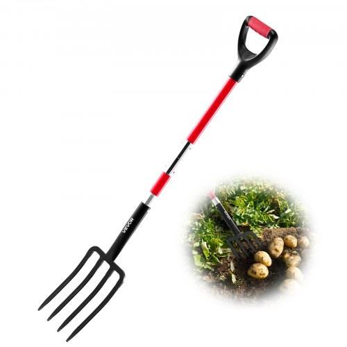 VEVOR Dunggabel, 4-Zinken-Heugabel mit Fiberglasstiel, 1150 mm Mistgabel, Mistforke mit Y-Griff, Spatengabel aus geschmiedetem Stahl für Heu