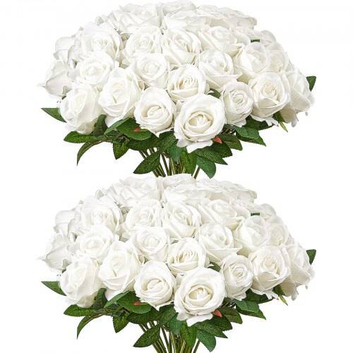 VEVOR Künstliche Blumen Rosen, 60 Stück Kunstblumen, Wei_e Gefälschte Rose mit Stielen, Schaumrosen für DIY Hochzeit Blumensträu_e Braut Valentin
