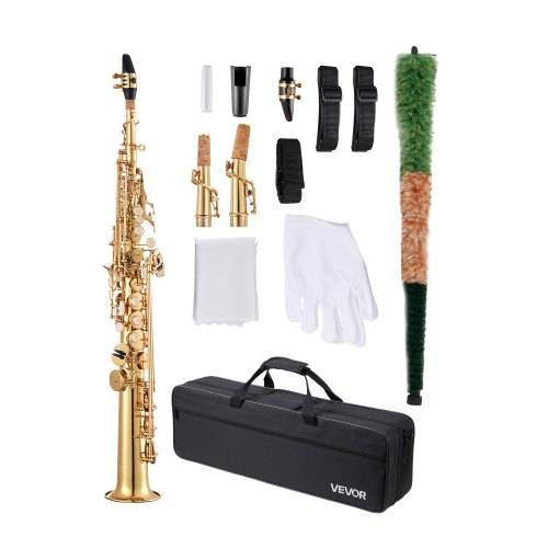 VEVOR Sopransaxophon, B-Dur, Messing-Saxophon-Anfängerset mit Tragetasche, Mundstück, Reinigungstuch, Stab, Handschuhen, Umhängeband, 23-Tasten-Sax
