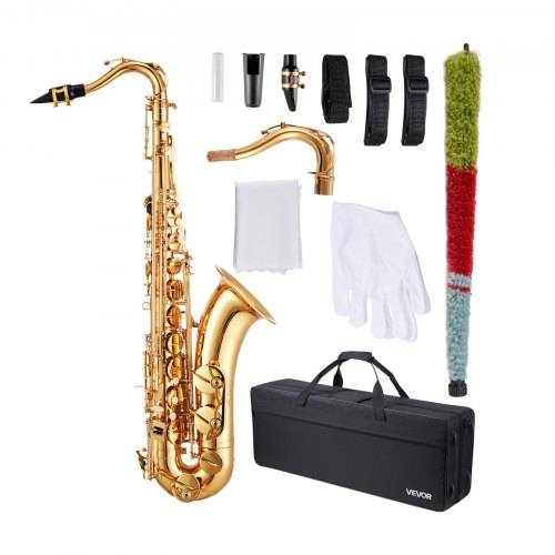 VEVOR Tenorsaxophon, B-Dur, Messingsaxophon-Anfängerset mit Tragetasche, Mundstück, Gurten, Reinigungstuch, Handschuhen, Umhängeband, 23-Tasten-Ten
