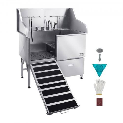 VEVOR Hundewaschstation aus Edelstahl, 127 cm gro_e Tierpflegewanne mit Rampe, Wasserhahn, Duschkopf & Seifenhalter, Hundebadewanne mit Leine für