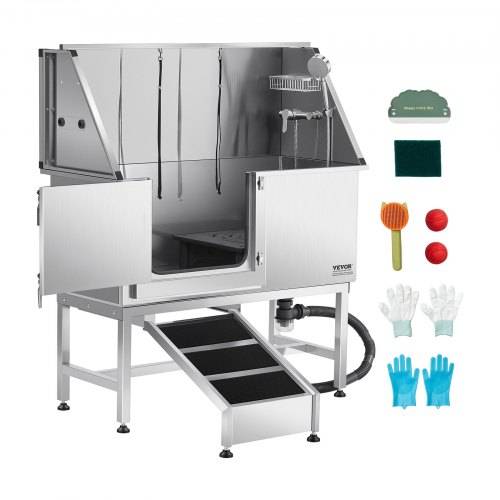 VEVOR Hundewaschstation Edelstahl, 1270x580x1495 mm Tierpflegewanne mit Rampe, PE-Wasserfilterplatte, Wasserhahn, Duschkopf & Seifenhalter, für