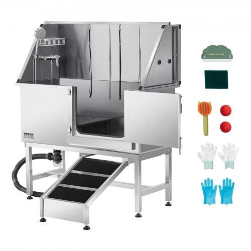 VEVOR Hundewaschstation Edelstahl, 1270x580x1495 mm Tierpflegewanne mit Rampe, PE-Wasserfilterplatte, Wasserhahn, Duschkopf & Seifenhalter, für