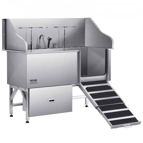 VEVOR Hundewaschstation aus Edelstahl, 1550x790x1470 mm Hundepflegewanne mit Rampe, Wasserfilterplatte, Wasserhahn, Duschkopf, Leine, für gro_e