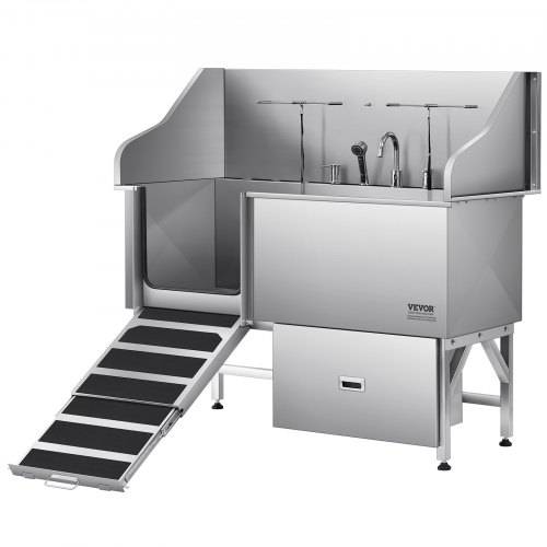 VEVOR Hundewaschstation aus Edelstahl, 1550x790x1470 mm Tierpflegewanne mit Rampe, Wasserfilterplatte, Wasserhahn, Duschkopf, Leine, für gro_e