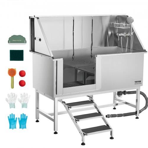 VEVOR Hundewaschstation Edelstahl, 1500x700x1495mm Tierpflegewanne mit Treppe, PE-Wasserfilterplatte, Wasserhahn, Duschkopf & Seifenhalter, für