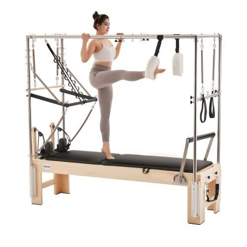 VEVOR Pilates Reformer Maschine aus Holz für Fitnessstudio zu Hause, Krafttrainingsgerät mit doppeltem Widerstand & Reformer-Box & Sprungbrett, für