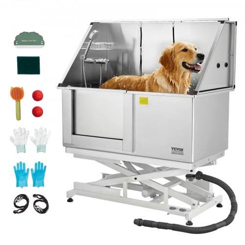 VEVOR Elektrische Hundewaschstation mit Hebefunktion, 127 cm Tierpflegewanne mit PE-Wasserfilterplatte, Wasserhahn & Duschkopf, Hundebadewanne
