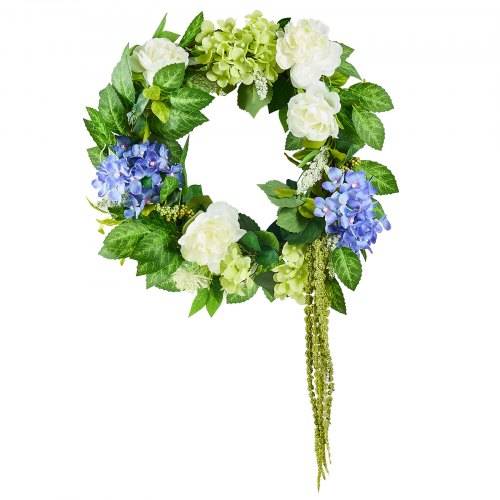 VEVOR Künstlicher Dekokranz, 58,42cm, Blau-Wei_-Grün, dekoriert mit Hortensien, Rosen, Beeren, Ranken, Türkranz ganzjährig, für drinnen & drau_en