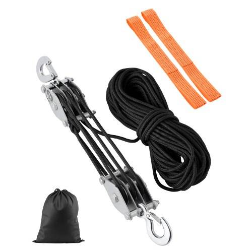 VEVOR Flaschenzug mit 2 T Bruchfestigkeit, 30 m, 5:1 Hubkraft, Hochleistungs-Seilzug mit 2 weichen Schlaufen, Metallrad-Lagerstruktur, Umlenkrolle