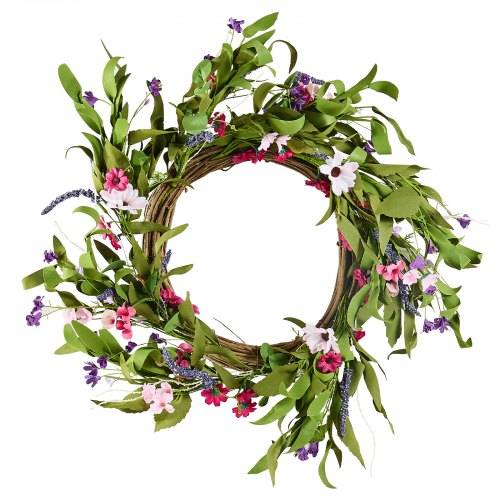 VEVOR Künstlicher Dekokranz, 55,88 cm, Rosa/Grün, verziert mit Gänseblümchen, Schleierkraut, Knospen, Türkranz für alle Jahreszeiten, als Dekora