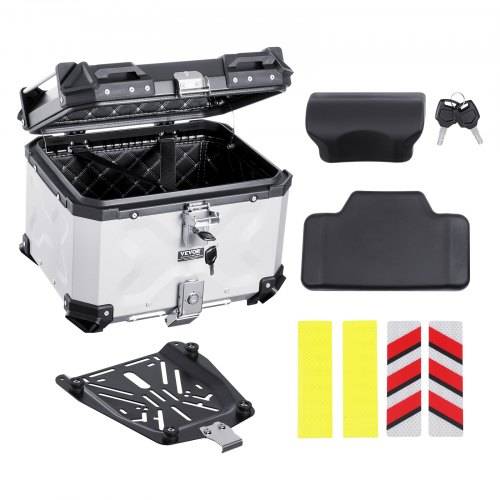 VEVOR Motorrad-Topcase Motorradkoffer 45 L Heckbox aus Aluminiumlegierung mit Lederfutter, abnehmbare Motorrad-Topbox mit Schloss & Rückenpolster