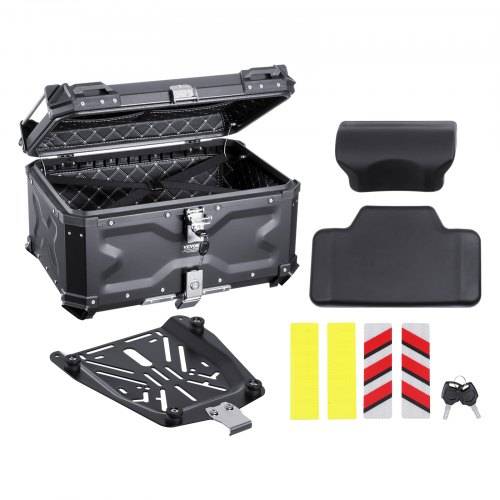 VEVOR Motorrad-Topcase Motorradkoffer 65 L Heckbox aus Aluminiumlegierung mit Lederfutter, abnehmbare Motorrad-Topbox mit Schloss & Rückenpolster