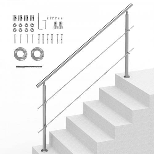 VEVOR Handläufe für Au_entreppen, 180 cm Länge, 2 Querstangen, Treppenhandlauf-Set, _bergangsgeländer aus Edelstahl mit Montagesatz, doppelsäulig