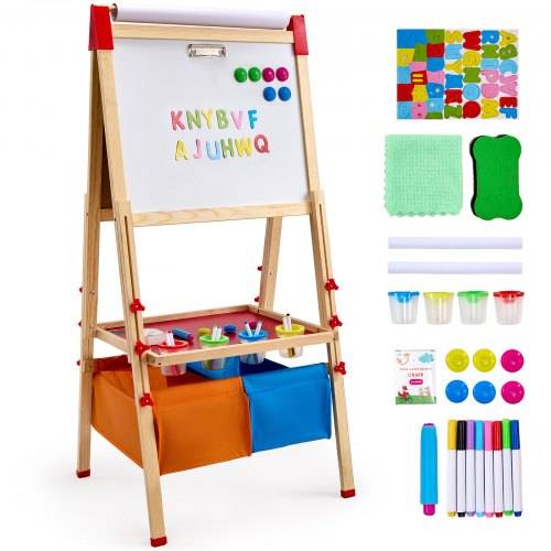 VEVOR Kunststaffelei für Kinder, 3-in-1-Kunststaffelei aus Holz, doppelseitig, mit magnetischem Whiteboard, Kreidetafel, Papierrolle, verstellbarem