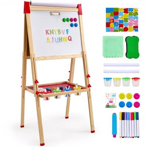 VEVOR Kunststaffelei für Kinder, 3-in-1-Kunststaffelei aus Holz, mit magnetischem Whiteboard, Kreidetafel und Papierrolle, verstellbares stehendes