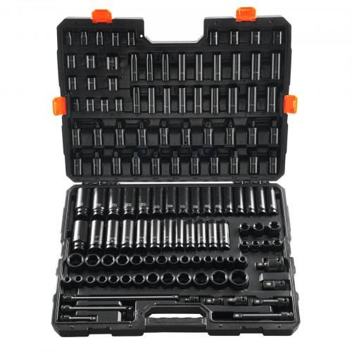 VEVOR Schlagschraubensatz Steckschlüsselsatz 3/8 Zoll & 1/2 Zoll Antrieb 130 tlg. SAE & metrischer Steckschlüsselsatz, 6-Kant Cr-Mo Legierungsstahl