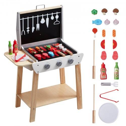 VEVOR Holzgrill-Spielzeuggrill, Kindergrill-Spielset mit Spiellebensmitteln und Grillwerkzeugen, Küchenzubehör aus Holz für Spiellebensmittel (21-t