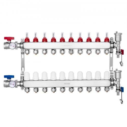 VEVOR 10-Zweig-Wärmeverteilungsverteiler, 1/2-Zoll-PEX-Rohrverteiler, Edelstahl-PEX-Verteiler für hydronische Fu_bodenheizung, Wärmeverteilungs-PEX