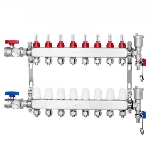 VEVOR 8-Zweig-Wärmeverteilungsverteiler, 1/2-Zoll-PEX-Rohrverteiler, Edelstahl-PEX-Verteiler für hydronische Fu_bodenheizung, Wärmeverteilungs-PEX-