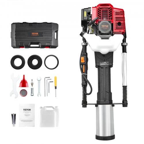 VEVOR 52ccm T-Pfostenramme mit Benzinantrieb, Zaunramme mit 2-Takt-Motor, tragbare 1400-W-Pfostenramme mit 3 Pfosten-Rammköpfen (49/69/100 mm), für