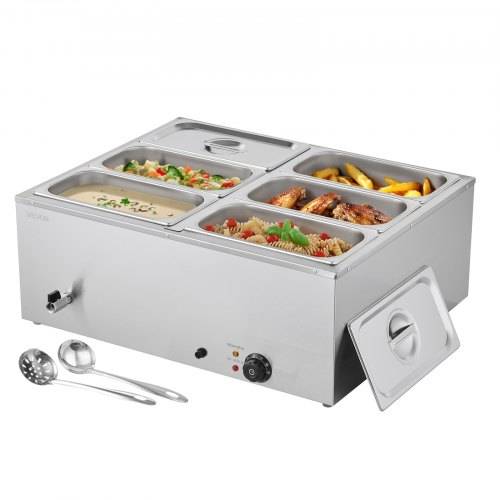 VEVOR kommerzieller Speisenwärmer (6 x 1/3 Grö_e Behälter), 1,5 kW elektrischer Wärmebehälter aus Edelstahl mit Abdeckung & Suppenkelle, Chafing
