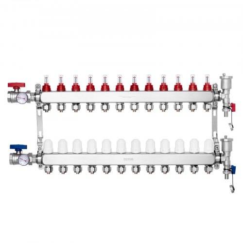 VEVOR 12-Abzweig-Wärmeverteilungsverteiler, 1/2-Zoll-PEX-Rohrverteiler, Edelstahl-PEX-Verteiler für hydronische Fu_bodenheizung, Wärmeverteilungs-P