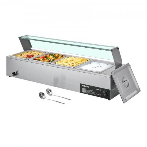 VEVOR kommerzieller Speisenwärmer (4 x 1/2 Grö_e Behälter), 1,5 kW elektrischer Wärmebehälter aus Edelstahl mit Glasabdeckung & Suppenkelle, Chaf