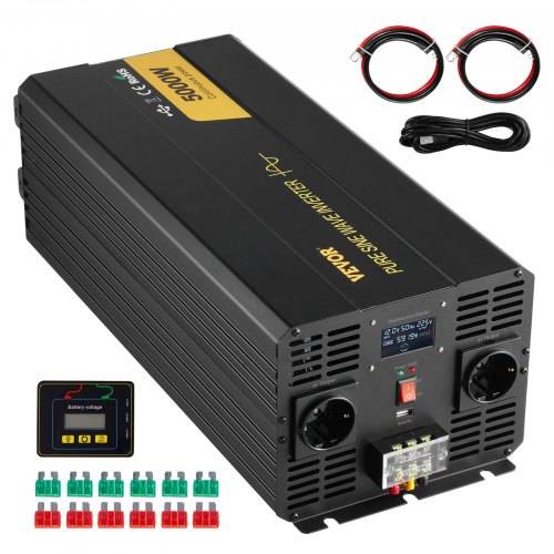 VEVOR Wechselrichter mit reiner Sinuswelle, 5000 Watt, Spannungswandler, DC 12 V auf AC 230 V Auto-Wechselrichter mit LCD-Display, USB-Anschluss