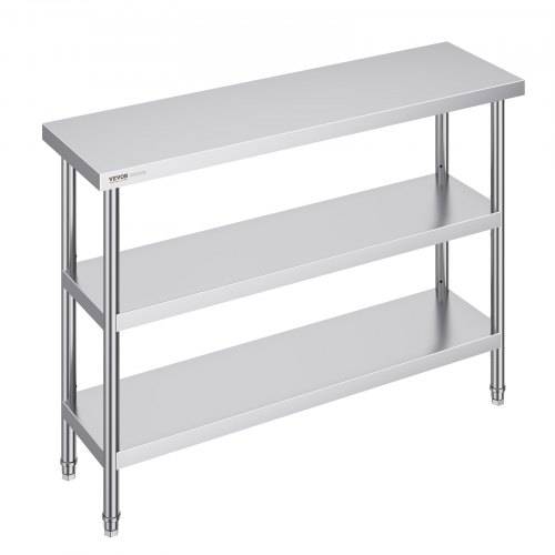 VEVOR Lebensmittel-Zubereitungstisch aus Edelstahl, 356 x 1219 x 864 mm gewerblicher Küchenarbeitstisch, mit 2 verstellbaren Unterregalen