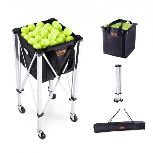 VEVOR Faltbarer Tennisballbehälter, fasst 150 Tennisbälle, leichter Tennisballkorbwagen aus Aluminiumlegierung mit Rädern, abnehmbare Tasche, Trage